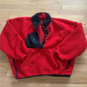 Free People Red Fleece Pullover with Navy Accents